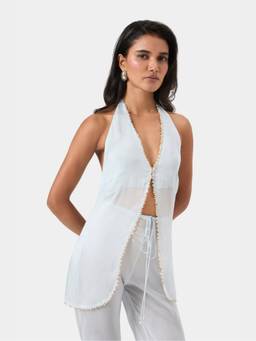 BEYOND - Blue Shell Trim Halter Top