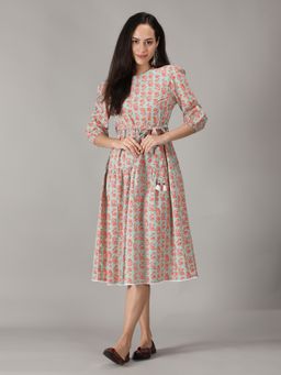 Kasya - Green Cotton Printed Flared Long Dress