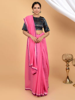 HANDME - Fuchsia Bloom Pure Chanderi Silk Cotton Lace Saree
