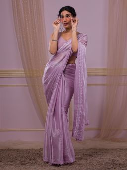 Koskii - Lavender Silver Stonework Shimmer Saree with Unstitched Blouse