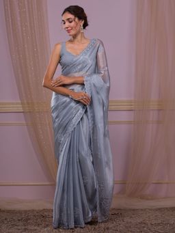 Koskii - Light Grey Silver Stonework Shimmer Saree with Unstitched Blouse