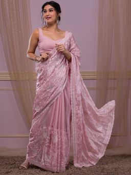 Koskii - Pink Silver Stonework Shimmer Saree with Unstitched Blouse