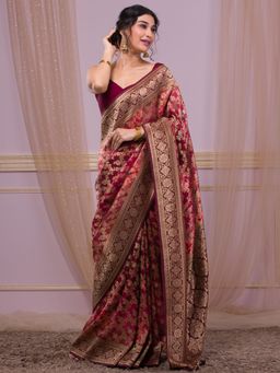 Koskii - Maroon Swarovski Art Silk Saree with Unstitched Blouse