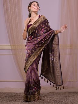 Koskii - Wine Swarovski Art Silk Saree with Unstitched Blouse