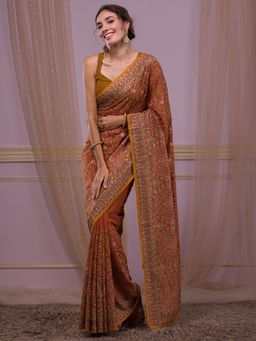 Koskii - Orange Thread Work Georgette Saree with Unstitched Blouse