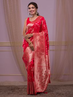 Koskii - Red Swarovski Banarasi Saree with Unstitched Blouse