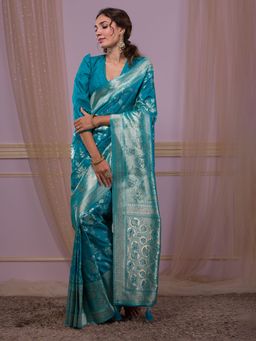 Koskii - Turquoise Swarovski Banarasi Saree with Unstitched Blouse