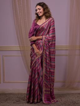 Koskii - Magenta Pink Printed Semi Crepe Saree with Unstitched Blouse