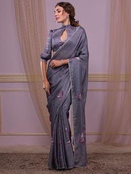 Koskii - Dark Grey Embellished Semi Crepe Saree with Unstitched Blouse