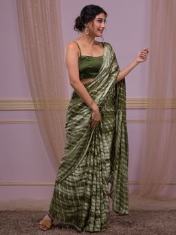 Koskii - Mehendi Swarovski Georgette Saree with Unstitched Blouse