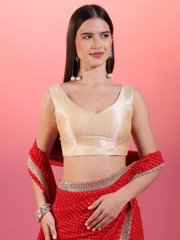 Gajra Gang - Beige Wide V Neck Textured Slub Sleeveless Blouse Trousseau Tijori