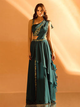 Samyukta Singhania - Embroidered Pre-Draped Blue Saree with Stitched Blouse