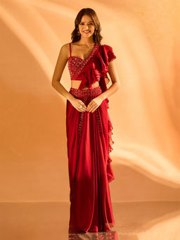 Samyukta Singhania - Ruffle Detailed Pre-Draped Maroon Saree with Stitched Blouse
