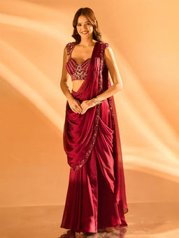 Samyukta Singhania - Embroidered Hem Pre-Draped Wine Saree with Stitched Blouse