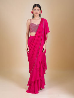 Samyukta Singhania - Hand Embroidered Pre-Draped Magenta Saree with Stitched Blouse