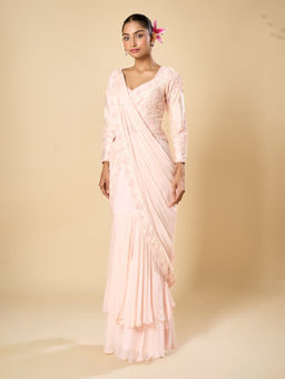 Samyukta Singhania - Hand Embroidered Pre-Draped Pink Saree with Stitched Blouse