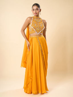 Samyukta Singhania - Yellow Pre-Draped Lehenga Saree with Halter Neck Stitched Blouse