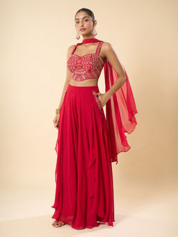Samyukta Singhania - Hand Embroidered Red Blouse with Palazzo and Dupatta