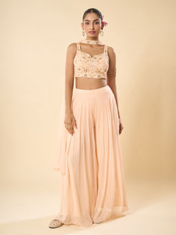 Samyukta Singhania - Hand Embroidered Peach Blouse with Palazzo and Dupatta