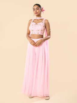 Samyukta Singhania - Hand Embroidered Pink Blouse with Palazzo and Dupatta