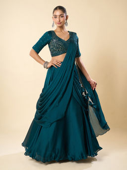 Samyukta Singhania - Hand Embroidered Predraped Teal Lehenga Saree with Stitched Blouse