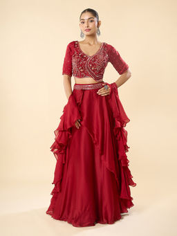 Samyukta Singhania - Hand Embroidered Maroon Blouse Lehenga with Blouse and Dupatta