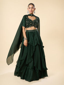 Samyukta Singhania - Hand Embroidered Black Blouse with Ruffled Lehenga and Dupatta