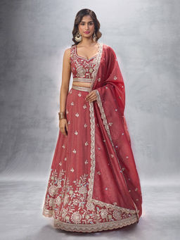 Samyukta Singhania - Floral Embroidered Rose Gold Lehenga with Blouse and Dupatta