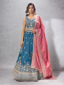 Samyukta Singhania - Embroidered Teal Lehenga with Blouse and Dupatta