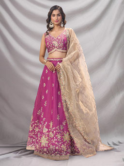 Samyukta Singhania - Embroidered Georgette Burgundy Lehenga with Blouse and Dupatta