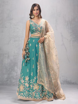 Samyukta Singhania - Floral Embroidered Teal Lehenga with Blouse and Dupatta
