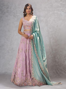 Samyukta Singhania - Embroidered Satin Silk Lavender Lehenga with Blouse and Dupatta