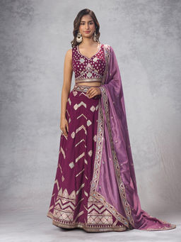 Samyukta Singhania - Embroidered Burgundy Lehenga with Blouse and Dupatta