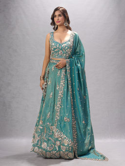 Samyukta Singhania - Floral Embroidered Green Lehenga with Blouse and Dupatta
