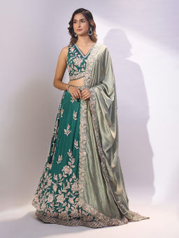 Samyukta Singhania - Embroidered V-Neck Green Lehenga with Blouse and Dupatta