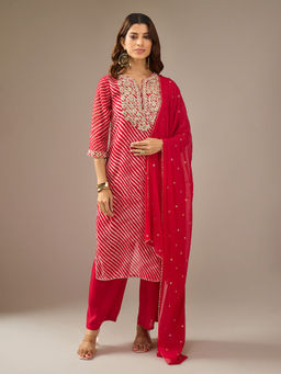 Samyukta Singhania - Leheriya Embroidered Red Kurta with Pant and Dupatta
