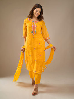 Samyukta Singhania - Mothra Tie-Dye Embroidered Mustard Kurta with Pant and Dupatta