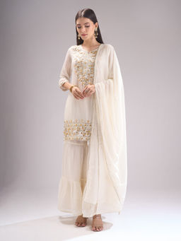 Samyukta Singhania - Mul Chanderi Gota Patti Ivory Kurta with Sharara and Dupatta