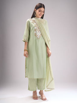 Samyukta Singhania - Chanderi Gota Patti Embroidered Green Kurta with Pant and Dupatta