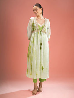 Samyukta Singhania - Shibori Chanderi Silk Green and White Kurta with Pant and Shrug