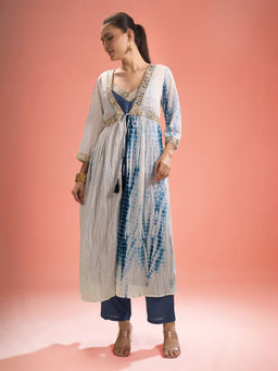 Samyukta Singhania - Shibori Chanderi Silk Blue and White Kurta with Pant and Shrug