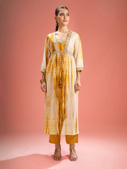 Samyukta Singhania - Shibori Pattern Straight Mustard and White Kurta with Pant and Shrug