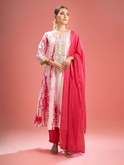 Samyukta Singhania - Shibori Pattern White and Pink Kurta with Pant and Dupatta