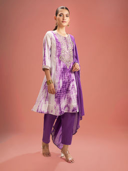 Samyukta Singhania - Shibori Pattern Purple and White Kurta with Churidar and Dupatta