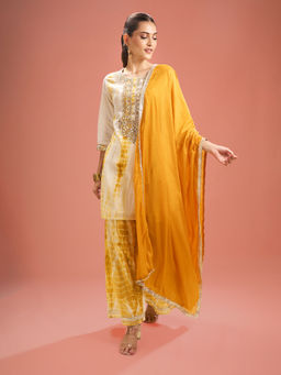 Samyukta Singhania - Shibori Gota Patti Embroidered Mustard Kurta with Sharara and Dupatta