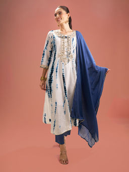 Samyukta Singhania - Shibori Pattern White and Blue Kurta with Pant and Dupatta