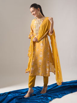 Samyukta Singhania - Chanderi Floral Print Dori Work Mustard Kurta with Pant and Dupatta