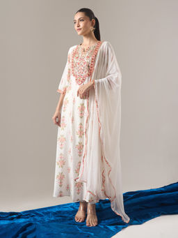 Samyukta Singhania - Floral Print Ivory Anarkali with Pant and Dupatta