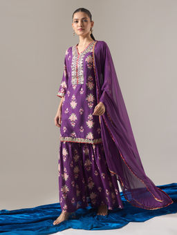 Samyukta Singhania - Chanderi Silk Floral Print Purple Kurta with Sharara and Dupatta