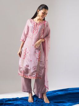 Samyukta Singhania - Thread and Mirror Embroidered Purple Kurta with Pant and Dupatta
